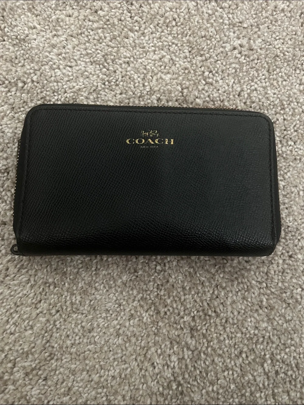 Coach Black Leather Zip Wallet with Gold Logo Accent